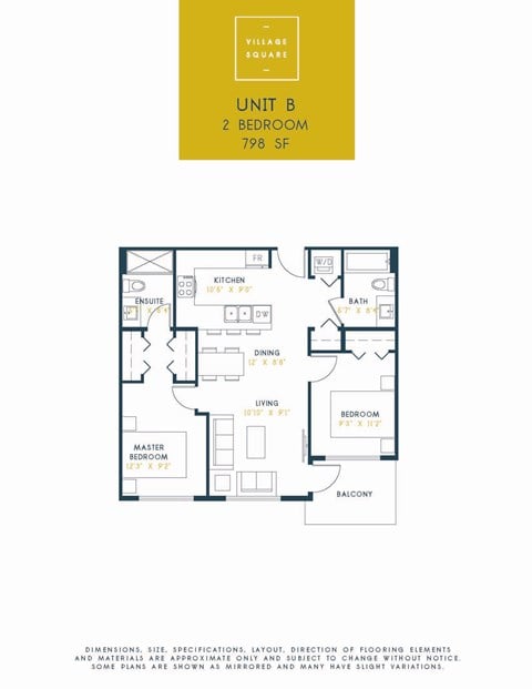 Floor plan for 2 beds, 2 baths, 798 sqft